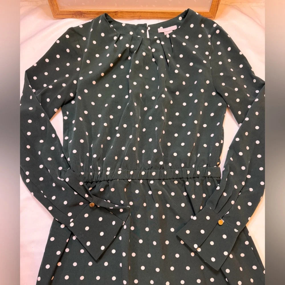 H&M size 8 dark green polka dot long sleeve midi dress - Picture 2 of 6